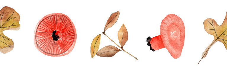 Border yellow leaves trees and mushrooms, foliage of natural branches, yellow leaves, herbs, mushrooms hand drawn watercolor on white background.
