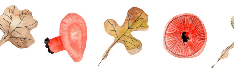 Border yellow leaves trees and mushrooms, foliage of natural branches, yellow leaves, herbs, mushrooms hand drawn watercolor on white background.