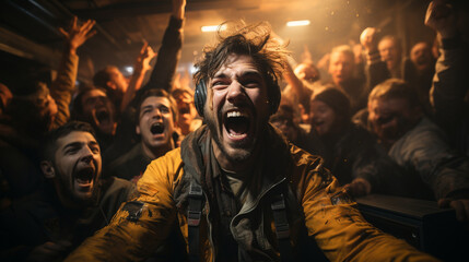 A dynamic image capturing the intense joy of a pro gamer celebrating with their team after a win Generative AI