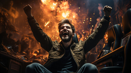 Obraz premium A pro gamer standing on their chair with fists raised high, basking in the glory of their triumph Generative AI