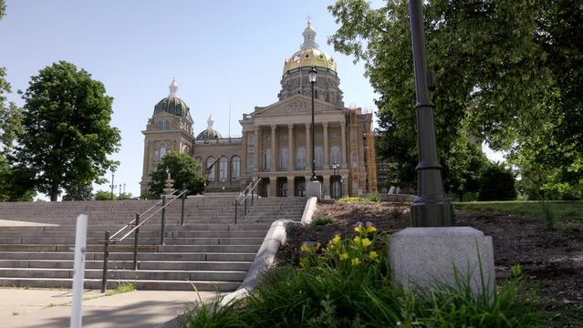 Iowa state capitol building in Des Moines, Iowa with gimbal video wide shot stable.