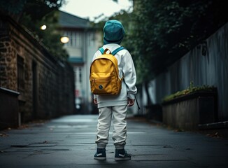 cropped shot of stylish schoolboy standing with backpack on street. Created with Generative AI technology.