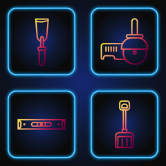 Set line Snow shovel, Construction bubble level, Putty knife and Angle grinder. Gradient color icons. Vector