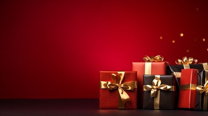 Red, black and gold christmas gifts. Beautiful illustration picture. Generative AI - Powered by Adobe