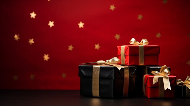 Red, black and gold christmas gifts. Beautiful illustration picture. Generative AI