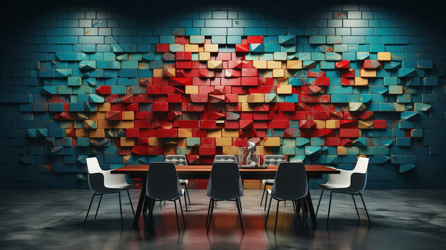 A modern meeting room with walls made of puzzle pieces, symbolizing the collaborative effort required to solve complex problems together Generative AI