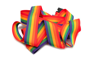 Rainbow ribbon. The rainbow belt or ribbon is an LGBT+ symbol isolated on a white background. "Pr1de"