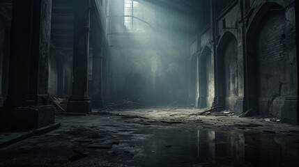 A scene set in a dimly lit abandoned building, where shadows dance amidst forgotten remnants. The atmosphere evokes an eerie and haunting sense of desolation.