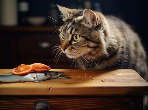 The cat wants to eat the fish on the table. Created with Generative AI technology.