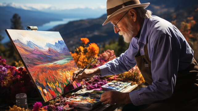 A senior artist painting a vibrant landscape in the outdoors Generative AI