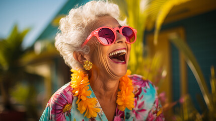 An elderly woman laughing during a laughter yoga session Generative AI