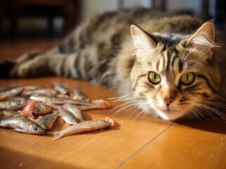 The cat wants to eat the fish on the table. Created with Generative AI technology.