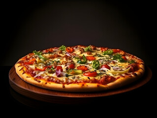 Hot tasty traditional italian pizza with salami, cheese, tomatoes greens on a dark background