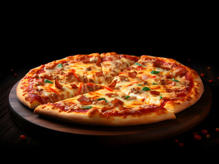 Hot tasty traditional italian pizza with salami, cheese, tomatoes greens on a dark background