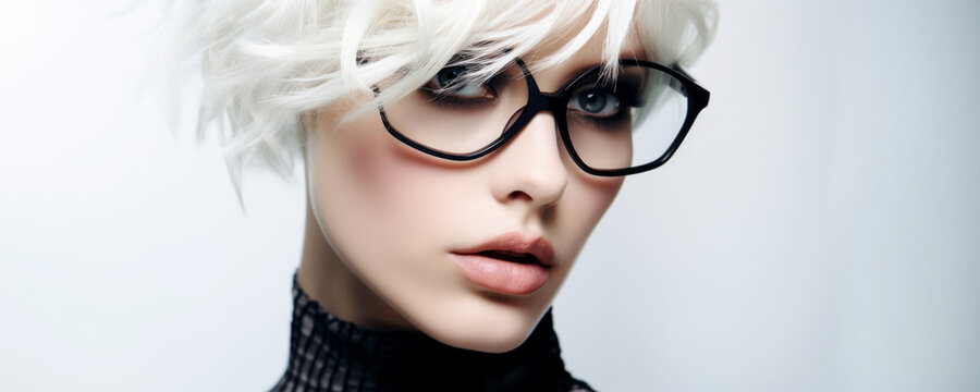 Close-up Portrait Of A Girl With Short White Hair Wearing Glasses On A White Background