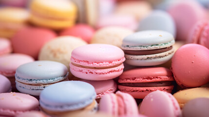 Fototapeta na wymiar Immerse yourself in the exquisite world of French macarons with this captivating wallpaper. This close-up view captures the delicate beauty of pastel-colored macarons, showcasing their intricate detai