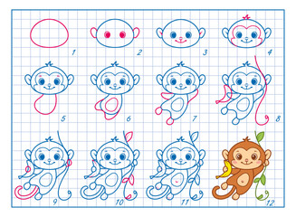 How to Draw Monkey, Step by Step Lesson for Kids cartoon vector illustration