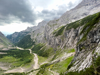 View from the Zugspitze Hike path back to the Höllental canyon landscape