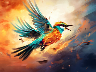A vivid portrayal of a colorful bird soaring through the sky, embodying the beauty of flight and the vibrant elegance of nature's avian wonders.