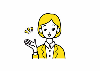 笑顔で紹介するスーツの女性