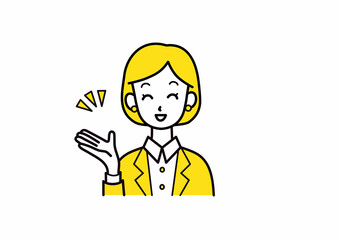 笑顔で紹介するスーツの女性