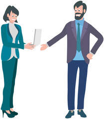 Fototapeta premium Office workers. Vector illustration. A worker employee demonstrates commitment and dedication to their role An office manager delegates responsibilities and sets priorities A business person adapts