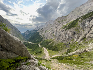 View from the Zugspitze Hike path back to the Höllental canyon landscape