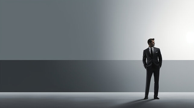 A sleek silhouette of a gentleman in a well-fitted suit against a smooth grey surface, banner Generative AI