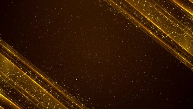 4K Gold particles abstract background with shining golden floor stars dust particles. glittering fly in space on black background. awards ceremony, nightclub entertainment, fashion show festive events