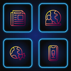 Set line Mobile recording, World news, News and . Gradient color icons. Vector