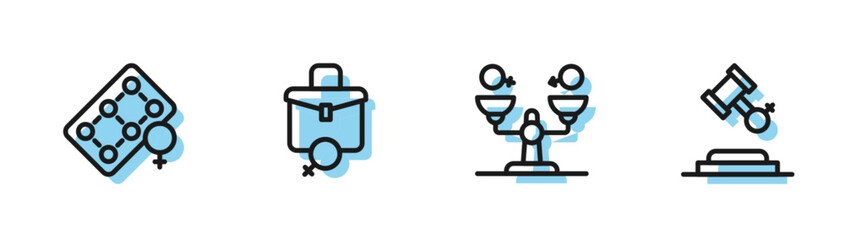 Set line Gender equality, Packaging of birth control pills, Work for female and Female rights icon. Vector