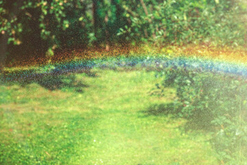 Beautiful bright rainbow against the background of greenery and nature