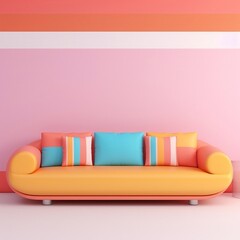 Pastel multi-color vibrant groovy retro striped background wall frame with bright sofa interior home design generative ai