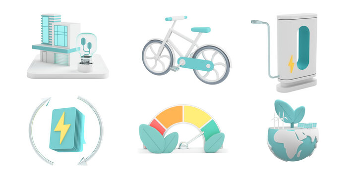 3d Eco Icons set. Eco bike, EV charge, recycling, green energy and house, speedometer, save planet icons. Environmental, Social, Governance concept. 3d render illustration.