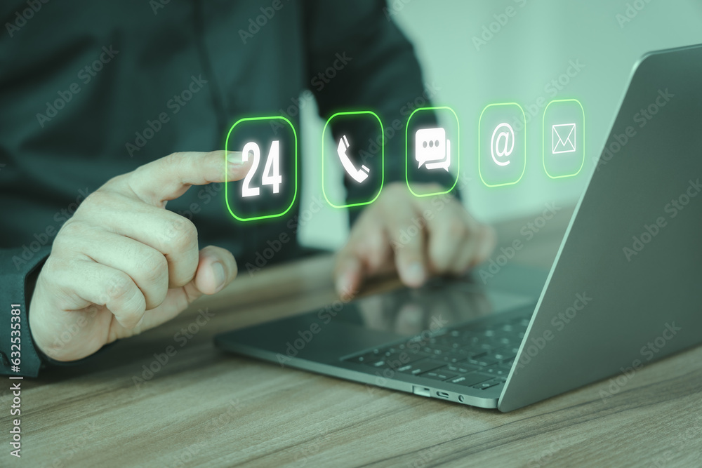 Poster Client man using computer laptop with the virtual screen with apps the call phone, email, address, chat message and 24 hour icons. Customer support hotline contact us people connection concept.
