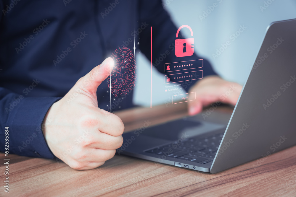 Poster Young man log in with fingerprint scanning technology in the computer laptop. Secure encryption and access to the user's private information to access the internet.