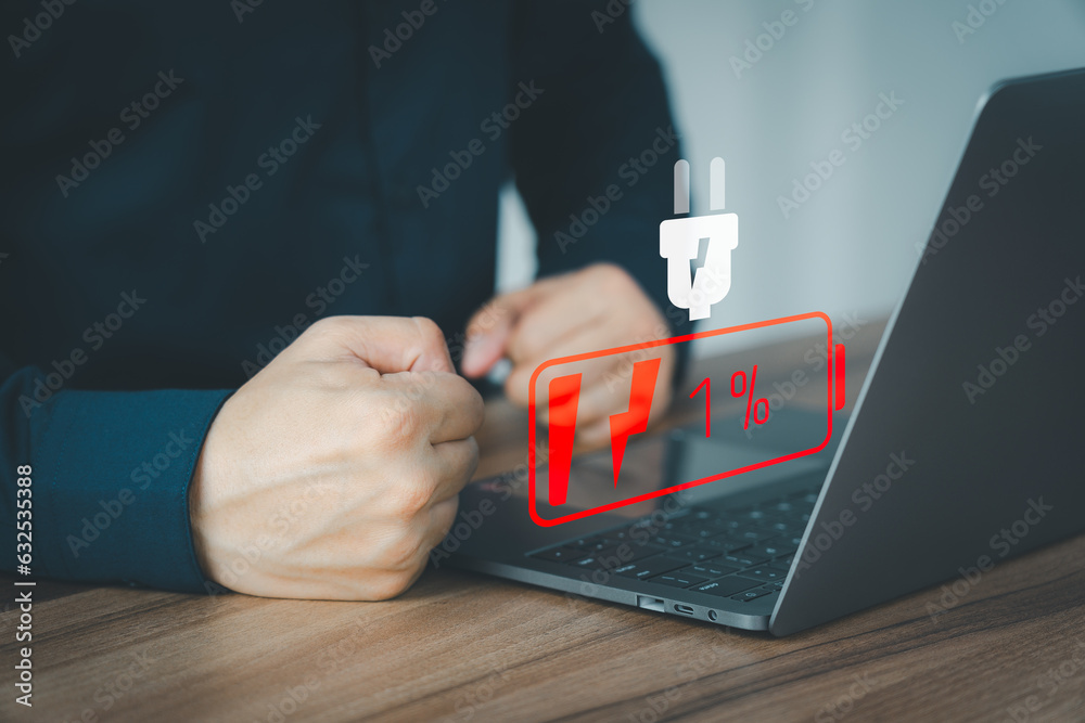 Aufkleber User is angry and frustrated when he learns that his laptop computer's battery is dead and did not bring the charger adapter. Concept of Technology and daily life of freelance. No power battery.
