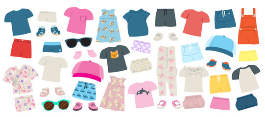 Vector illustration of fashion clothes set. Cute accessory for girl and boy. Different apparel collection. Modern casual dress, pants and shoes