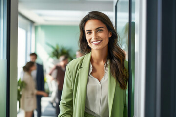 Businesswoman in green dress, confident pose, standing in doorframe, office background