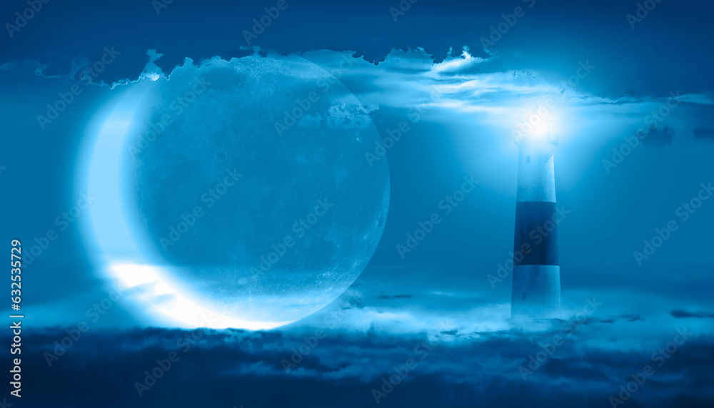 Aufkleber crescent moon on the clouds with lighthouse while night sky