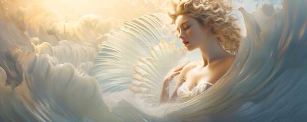 Birth of Beauty - Serene Portrait of Aphrodite, Greek Goddess of Love and Beauty, Emerging from a Seashell on a Foaming Wave.