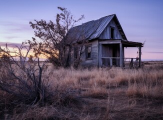 A large beautiful wooden two story abandoned farm house with peeling paint and broken windows in a rural summer countryside. Created with Generative AI technology.