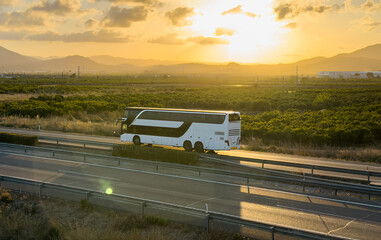 Bus on highway on sunset. Tour Bus driving on highway road. Public transport for traveling. Bus travel in Europe. Passenger bus on motorway. Transportation of passengers by public transport by road
