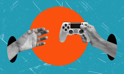 Art collage, the hand with the game joystick reaching for another hand on blue background. © beast01