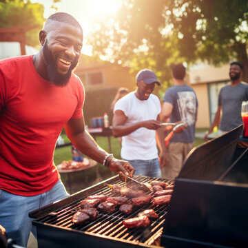 African American Man At Bbq Cooking A Steak For Family