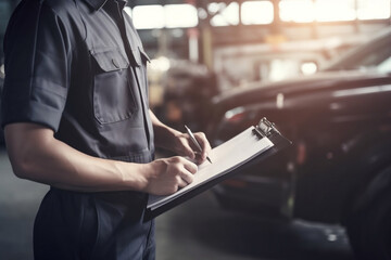 Car repair shop mechanic holding clipboard checklist of items to be repaired. Business concept. car repair. 