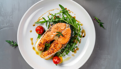 Baked salmon steak served with arugula and cherry tomatoes on a white plate, Top view