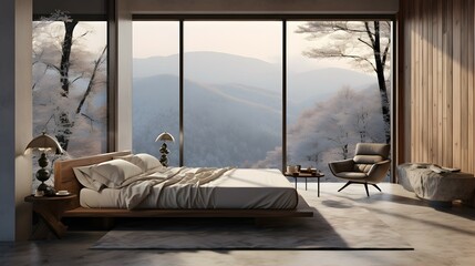 modern bedroom with a stunning view to foresrts and mountains. generative AI illustration.