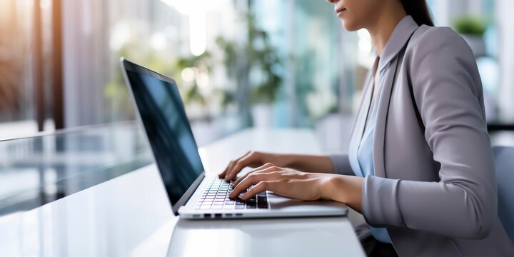 Business Woman Hands Typing Laptop Computer Office Desk Internet Web Banner Background