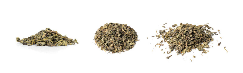 Matcha and Green Tea Leaves Mix Isolated, Dry Fresh Herbal Tea Pile, Healthy Drink Ingredient